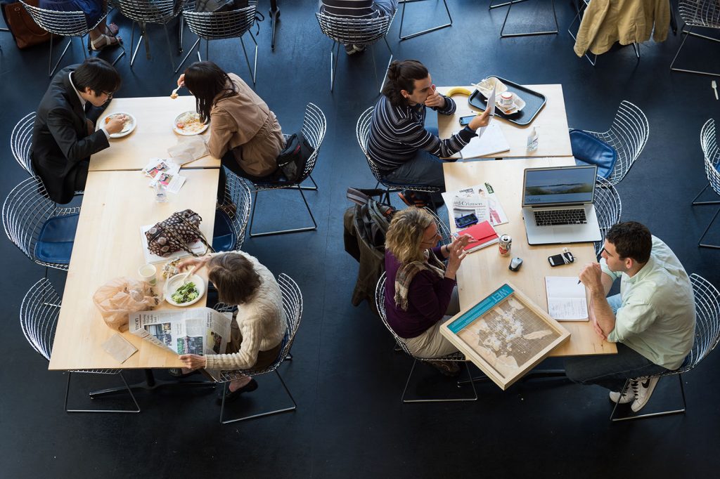 An aerial view of students eating in the Chauhaus.