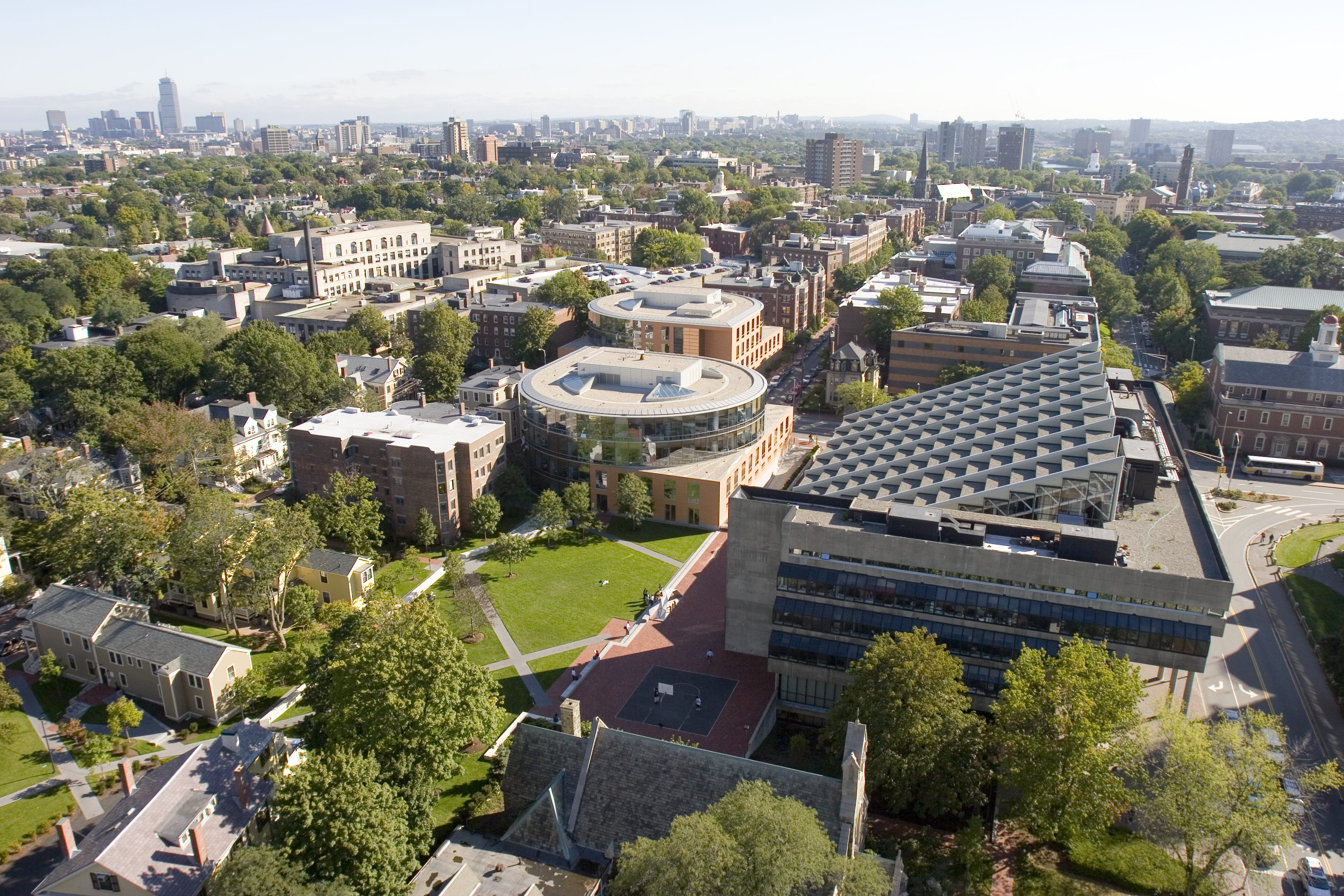 An aerial view of Gund Hall and surrounding buildings on a sunny afternoon.