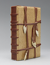 Model of Glazier Codex, 4th century AD; Paper multi-Quire text block sewn link stitch; Leather Spine with Wooden Boards; Leather ties with bone fasteners