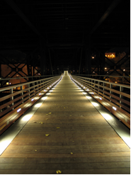 Marsupial Bridge at night with lights running along the interior edges of the bridge.