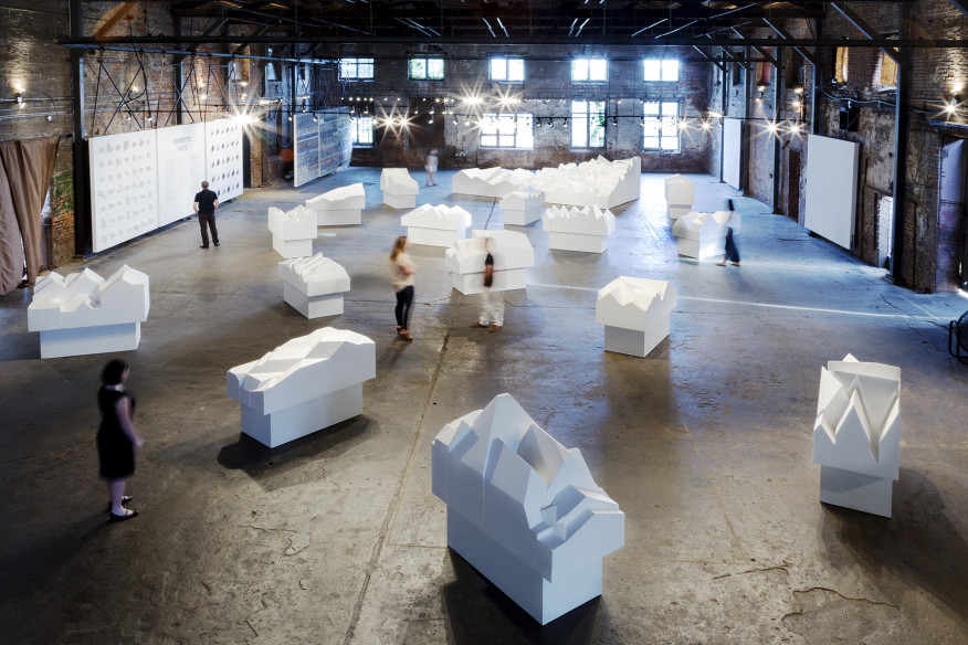 An exhibition of Bonner's Domestic Hats, employing overscaled massing models to explore the role of ordinary roof typologies.