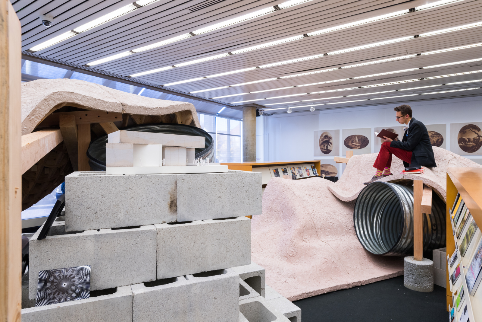 Andrew Holder's "The Kid Gets Out of the Picture" installation in the GSD's Frances Loeb Library