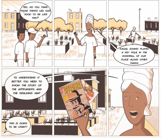 A scene from Ruben Segovia's (MUP '17) graphic novel "The Tracers," produced for the "Affirmatively Further" studio