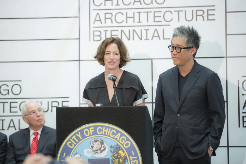 Sharon Johnston and Mark Lee speak at the announcement of the 2017 Chicago Architecture Biennial
