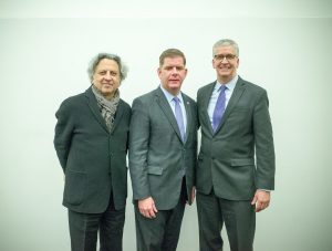 Left to right: Mohsen Mostafavi, Dean and Alexander and Victoria Wiley Professor of Design, Harvard GSD; Martin J. Walsh, Mayor, City of Boston; and Christopher Herbert, Managing Director, Harvard JCHS.