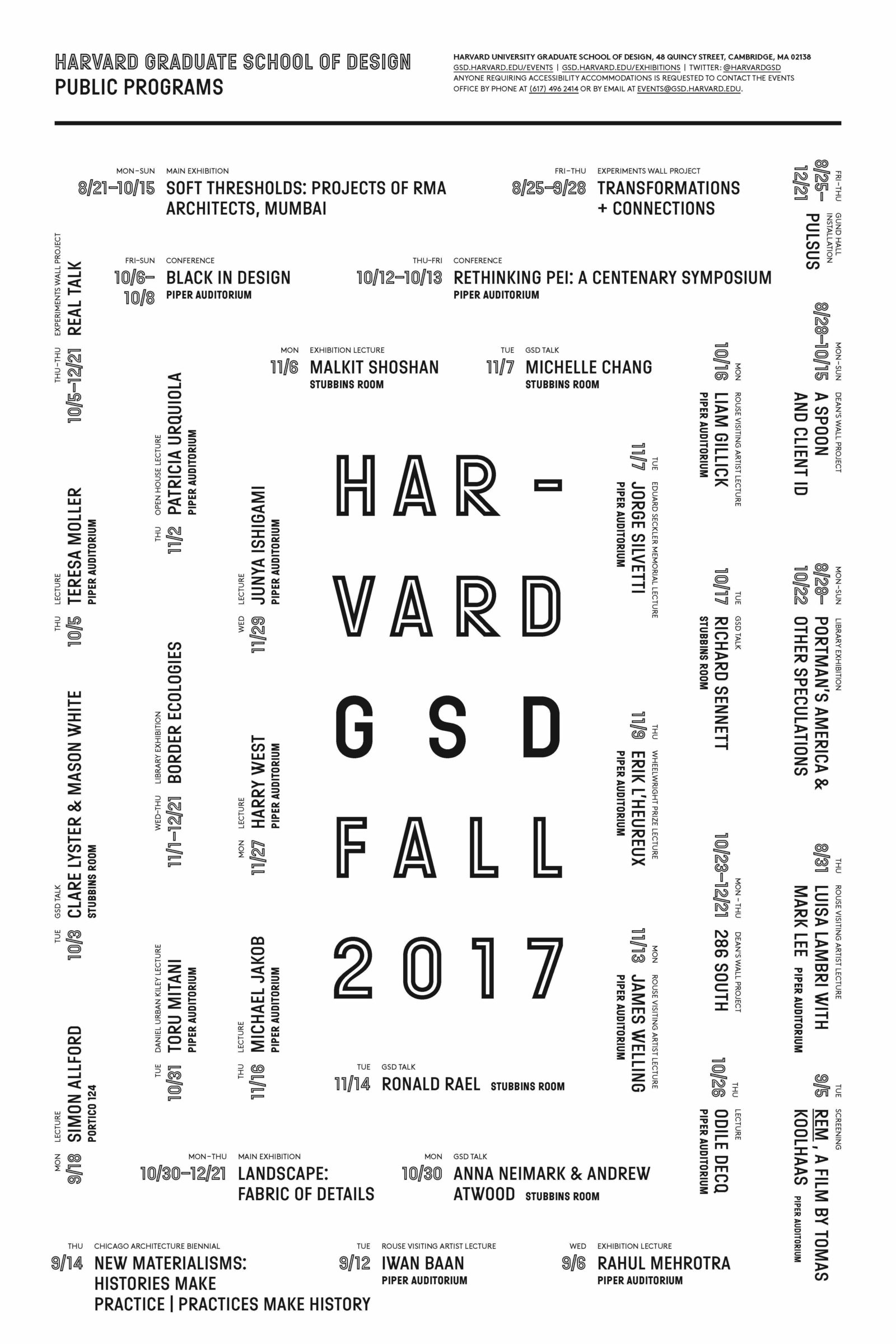 The poster announcing the Harvard GSD's Fall 2017 public lecture series. Poster design by Remeike Forbes.