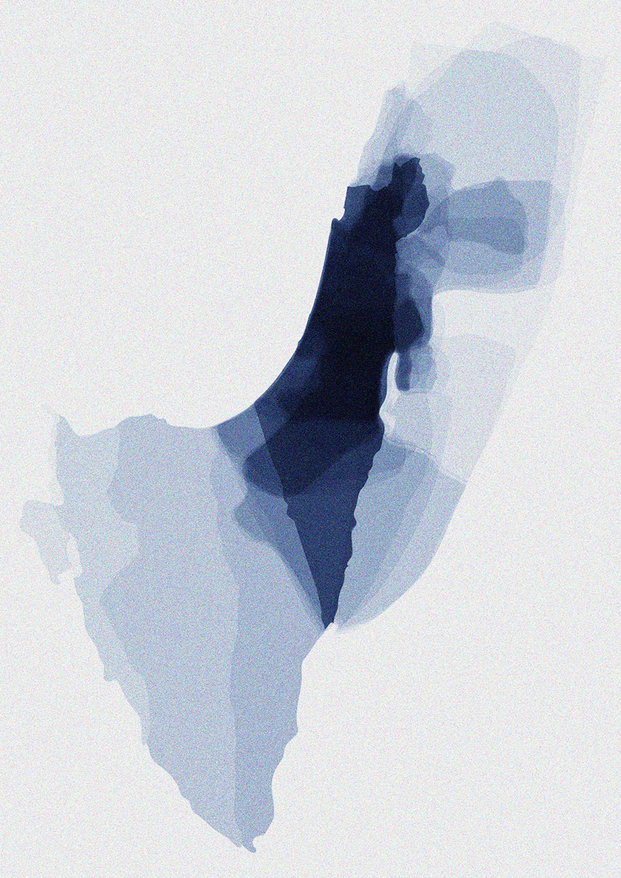 Overlapping border fluctuations Israel, Palestine from 1040 BCE to present day from <em>Atlas of the Conflict. Israel-Palestine</em> by Malkit Shoshan.