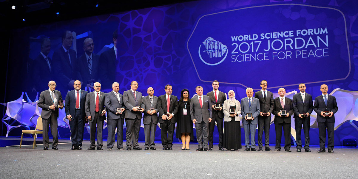 Ali Malkawi (fourth from right) was among 14 leading Jordanian scientists and other professionals to receive the Star of Science Medal from King Abdullah II of Jordan on November 7 at the 2017 World Science Forum