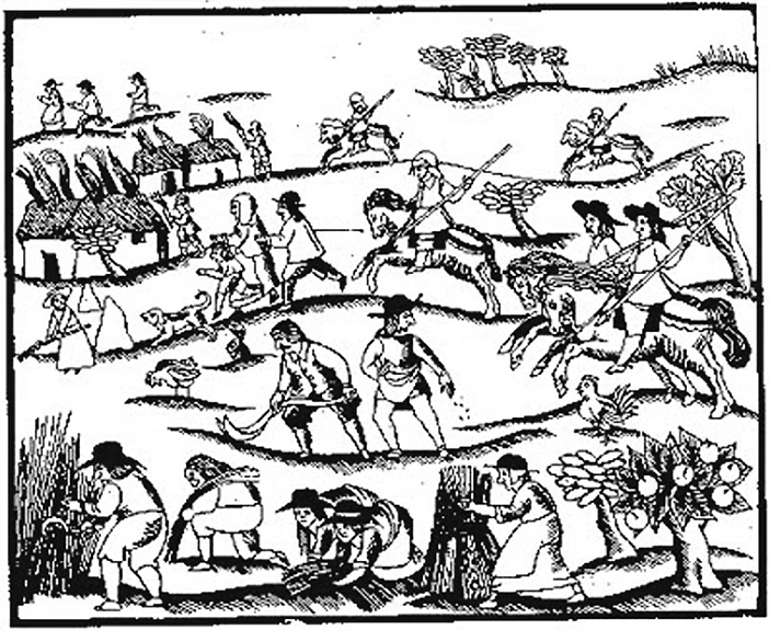 Printed scene of farmers performing daily tasks.