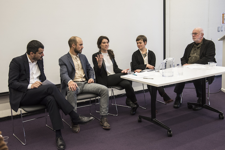 2016 Wheelwright Prize finalists Pier Paolo Tamburelli, Samuel Bravo, Matilde Cassani, and Anna Puigjaner field audience questions alongside K. Michael Hays during the 2016 finalist presentation on April 20, 2016.