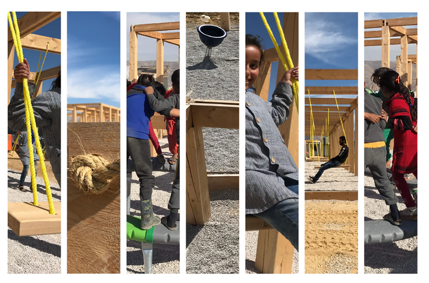 photo collage of people building playground