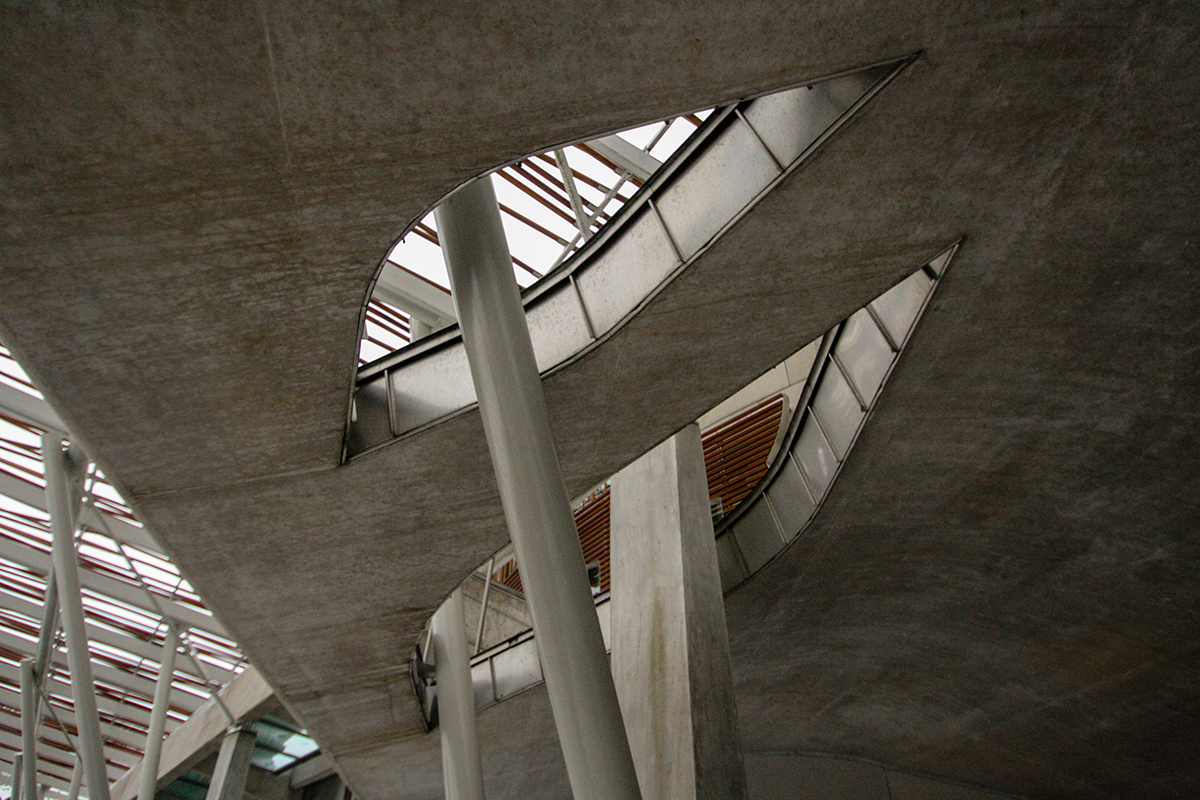 Detail of stone and structure at the Scottish Parliament Building, designed by Enric Miralles.