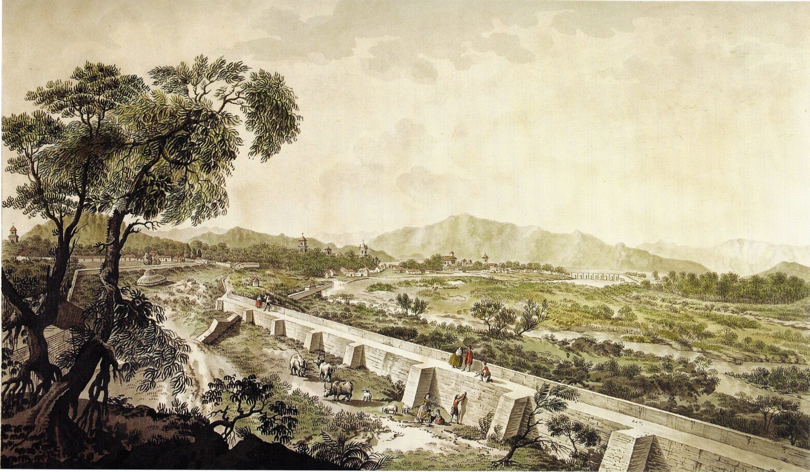 At 1794 Etching of a view of a wall and mountains in Santiago de Chile