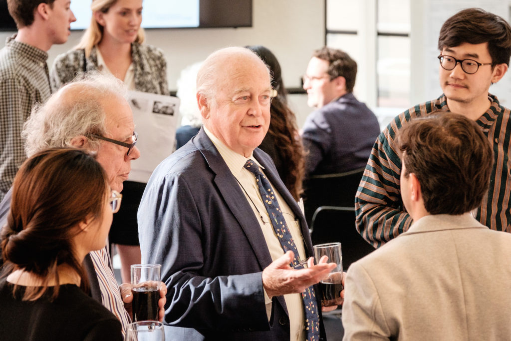 Samuel Plimpton meets with GSD students at an April 2018 GSD reception celebrating the Plimpton-Poorvu Design Prize