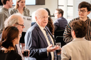 Samuel Plimpton meets with GSD students at an April 2018 GSD reception celebrating the Plimpton-Poorvu Design Prize