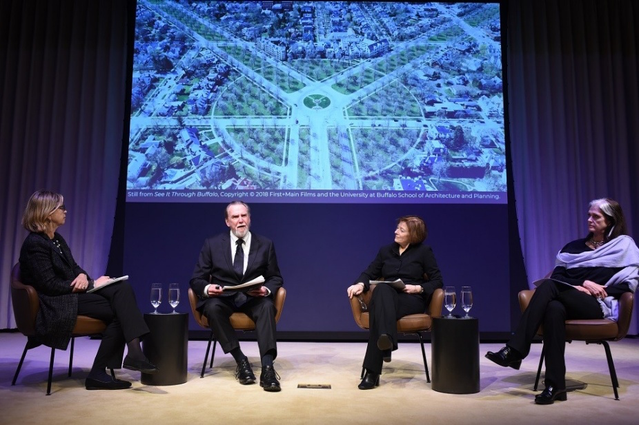 Leaders in architectural education convened last month to discuss their programs' potential to reshape cities. From left to right: Cathleen McGuigan, Architectural Record (moderator), and panelists Robert Shibley (UB School of Architecture and Planning); Diane Davis (Harvard Graduate School of Design); and Deborah Berke (Yale School of Architecture). Photo by Susan Farley/University of Buffalo