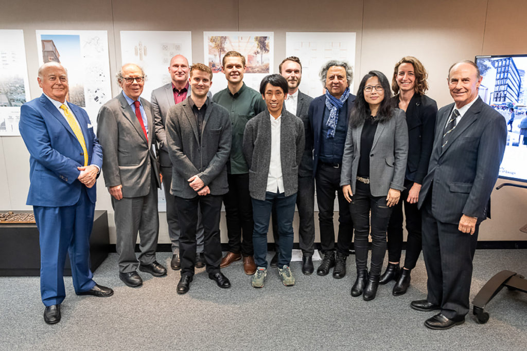 The 2019 Prize winners and faculty advisors with William J. Poorvu (MBA '58) (second from the left), Samuel Plimpton (MBA '77, MArch '80) (left), and Dean Mostafavi (fourth from the right), during a reception in Stubbins.