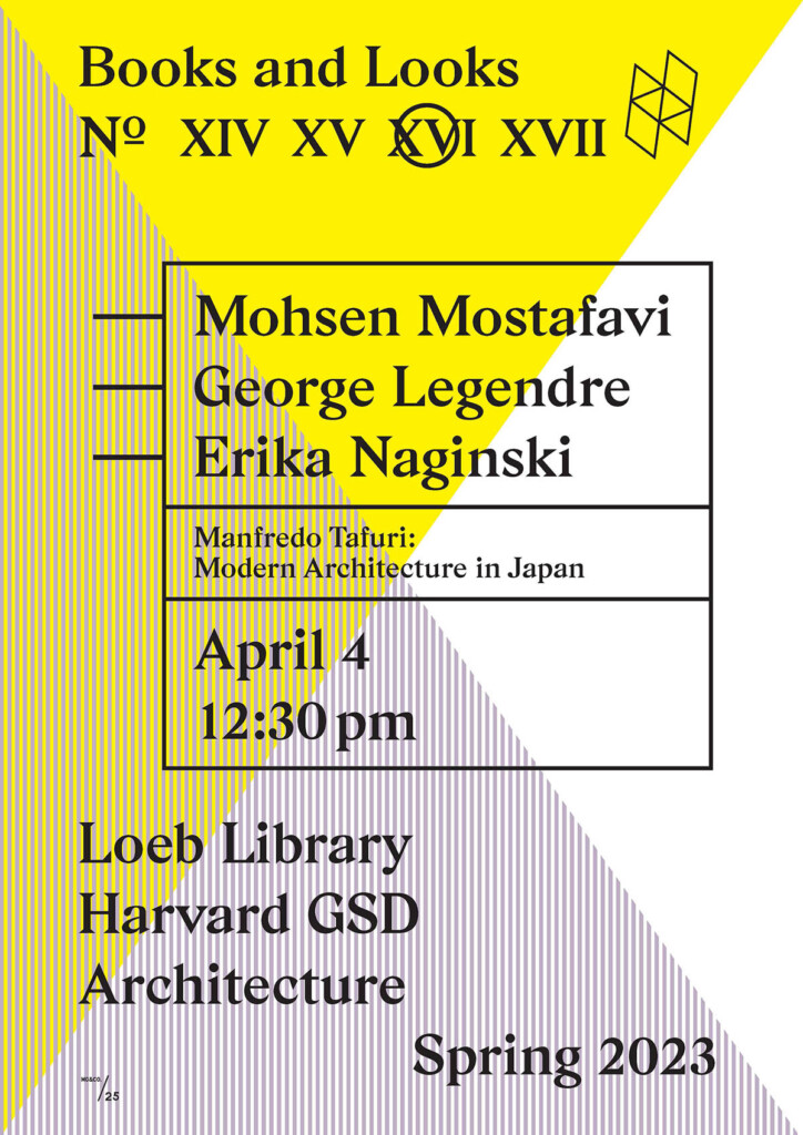 Yellow and white geometric poster with black text advertising the next Books and Looks event.