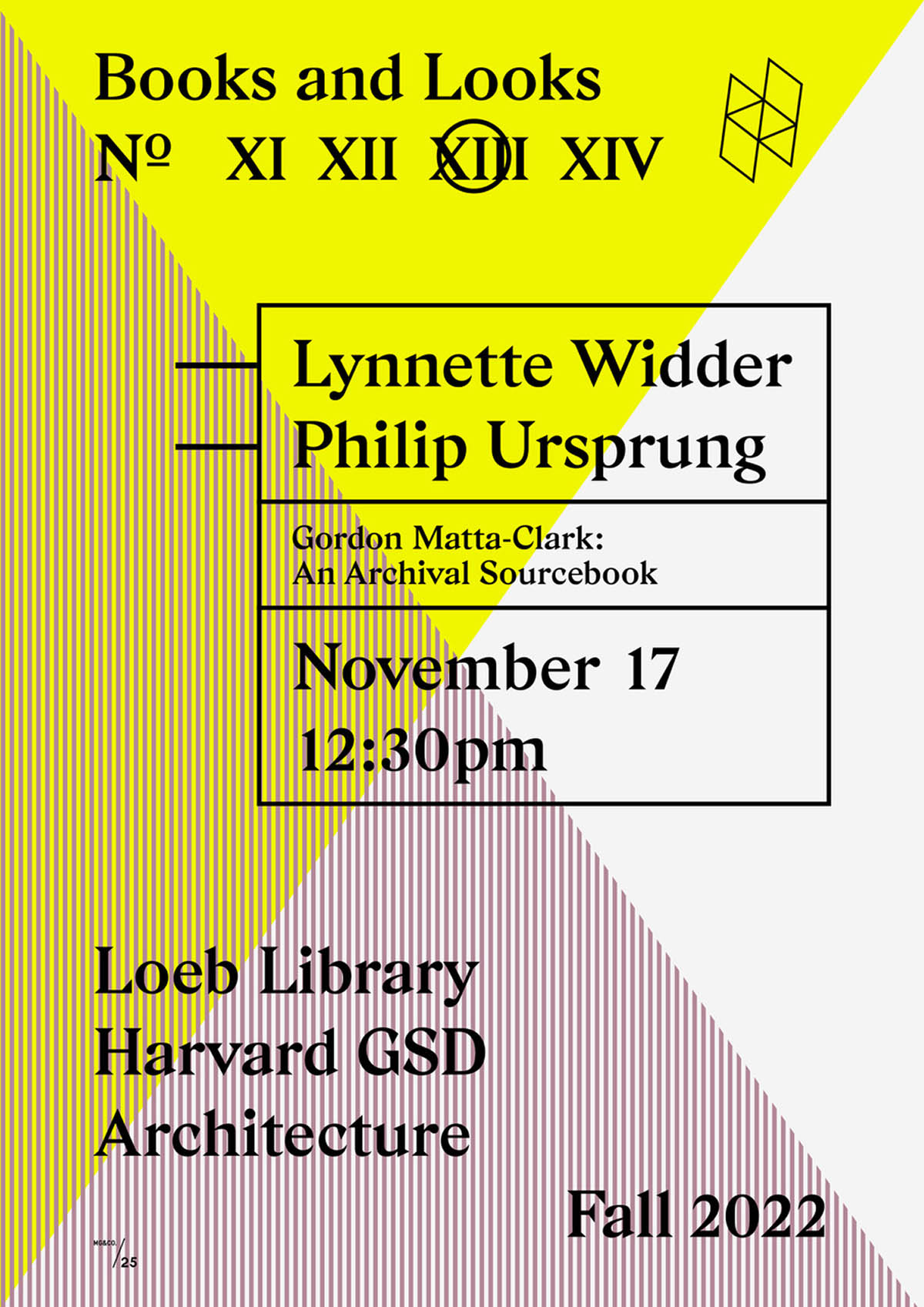 Yellow and red geometric poster advertising the next Books and Looks event.