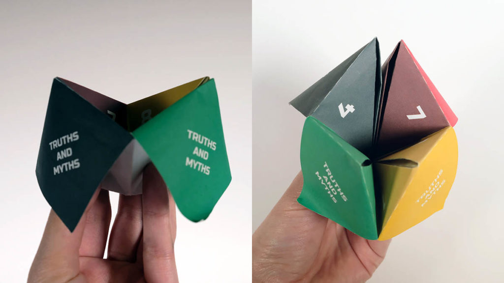 paper fortune teller opened by hand in side by side collage