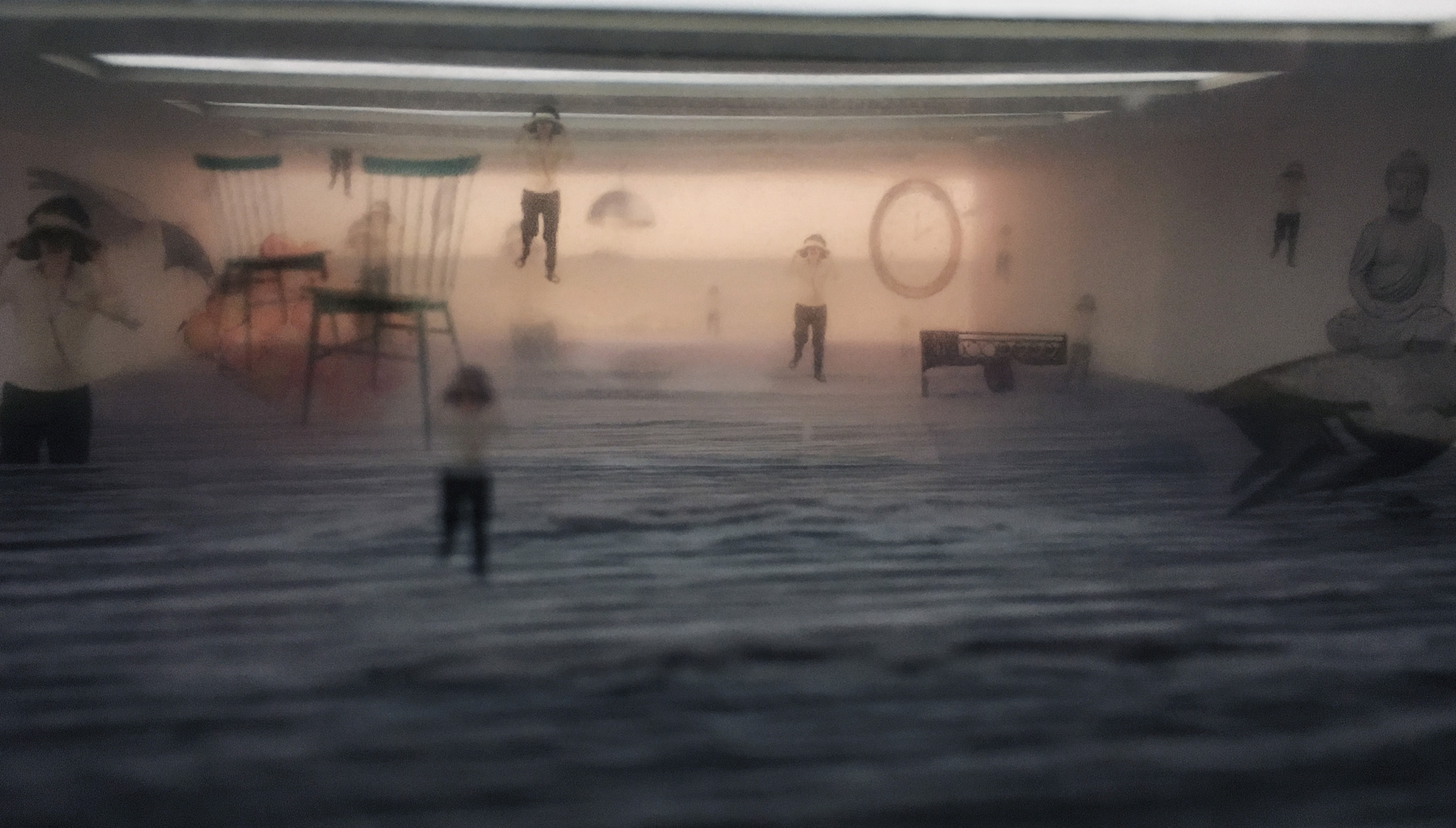 surreal image with floating people and chairs