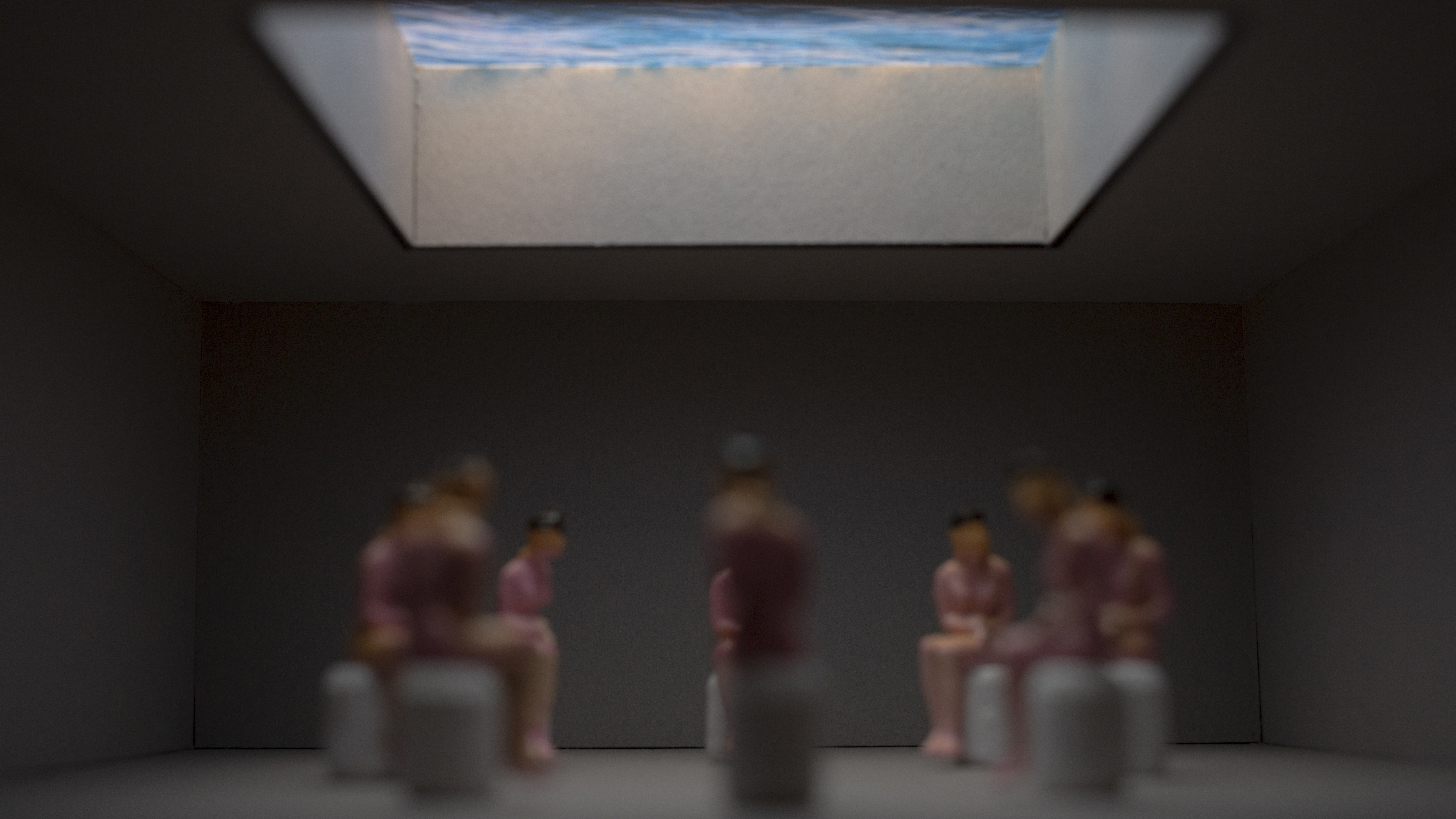 abstract image depicting people sitting in a circle under a skylight