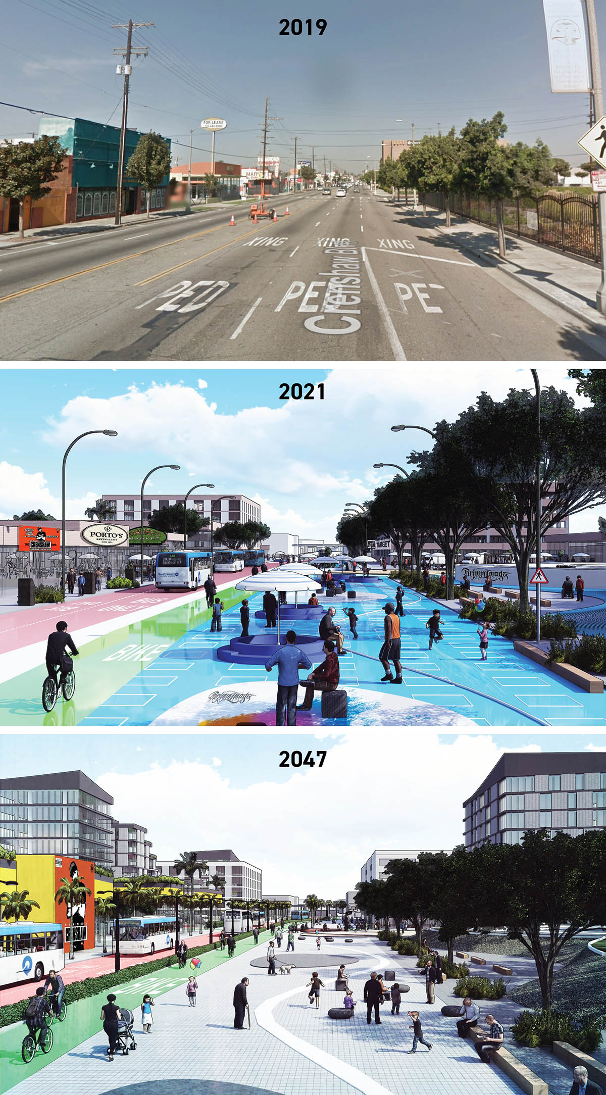 three street renderings showing 2019, 2021, and 2047