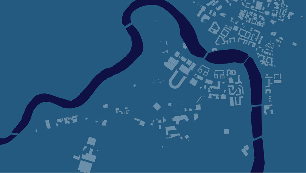 Stylized topographical map of Cambridge and Allston