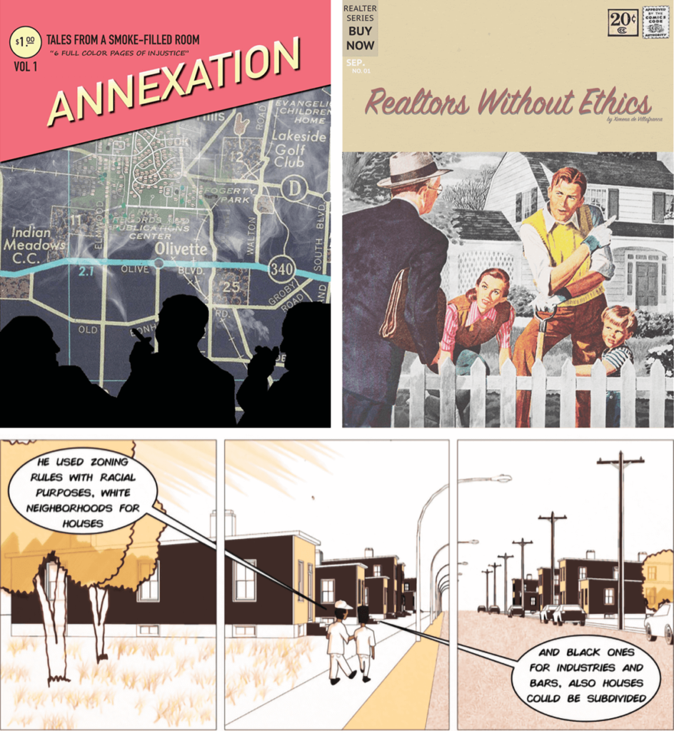 Collage of comics including ones titled "Annexation". and "Realtors Without Ethics."