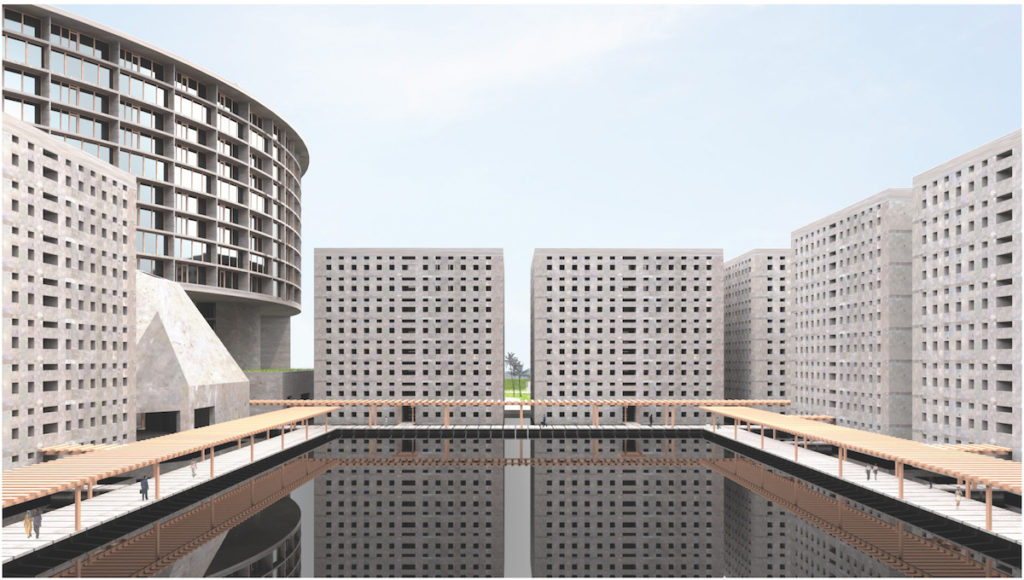 A view across the retaining pond of Akakpo's proposal