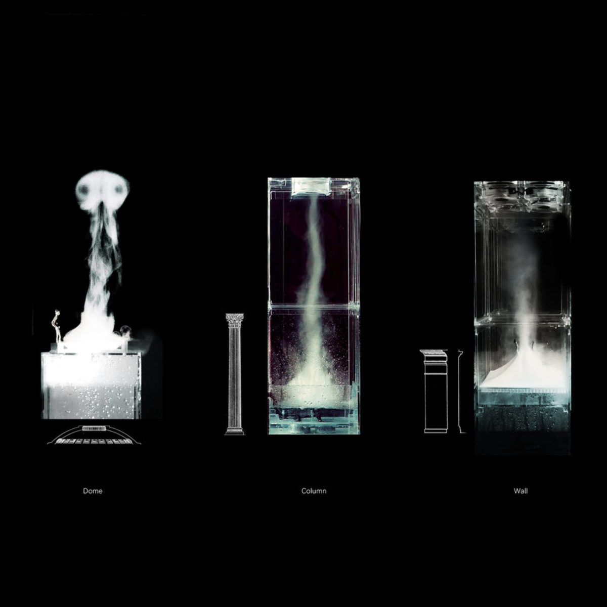 Picture of Diffusive Geometries' three main shapes of vapor: vertex ring - dome, tornado - column, and plane- wall