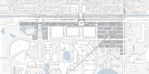 O'Keefe's master plan shows one stage in the campus development. New buildings shield the massive existing parking deck from surrounding neighborhood and establish a new pedestrian oriented street grid.