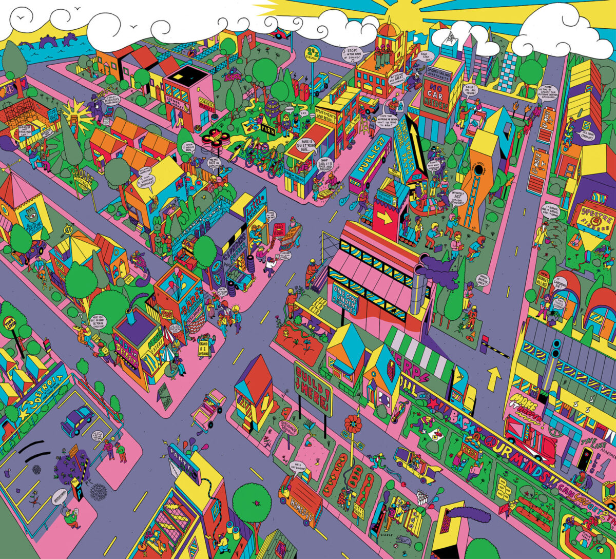 Cartoon multi-colored city drawing of Detroit