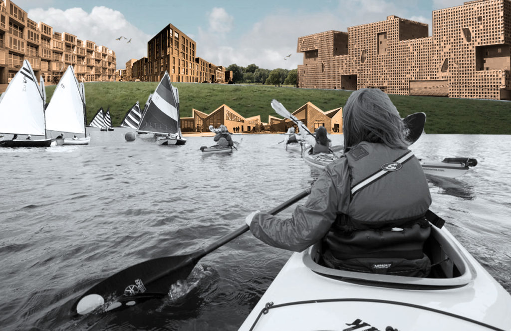 Rendering showing people kayaking towards new housing