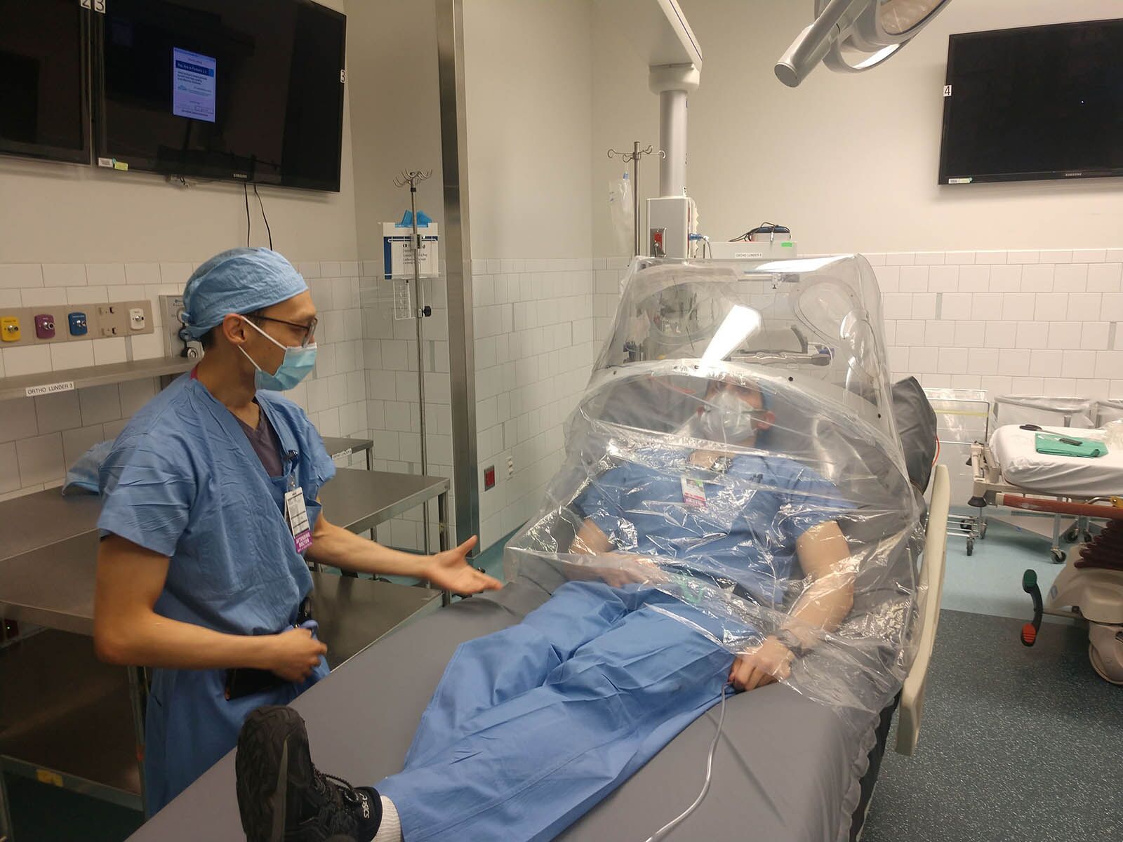 A Harvard-designed patient isolation hood (PIH) prototype being tested at MGH