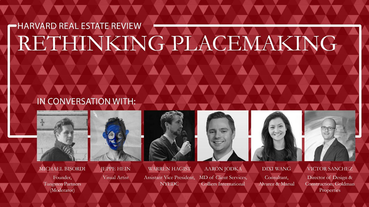Abstract design with headshots of each of the panelists