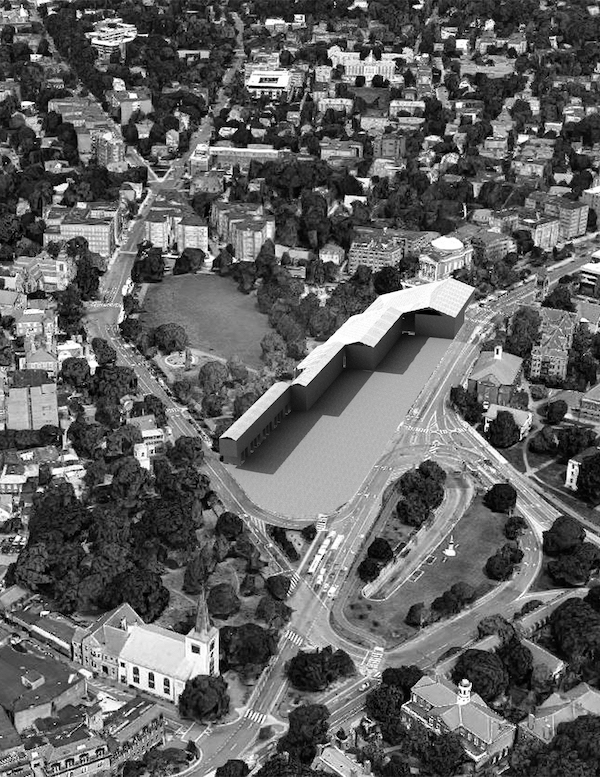 aerial photo of Harvard yard with model imposed