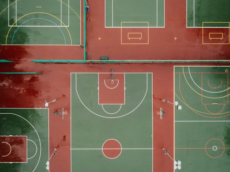 Aerial photograph of an empty basketball court