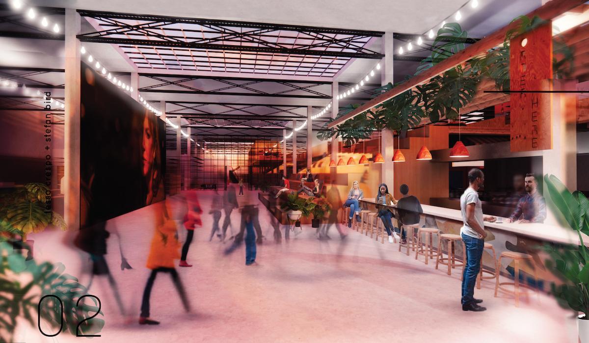 Rendering of inside market with people walking