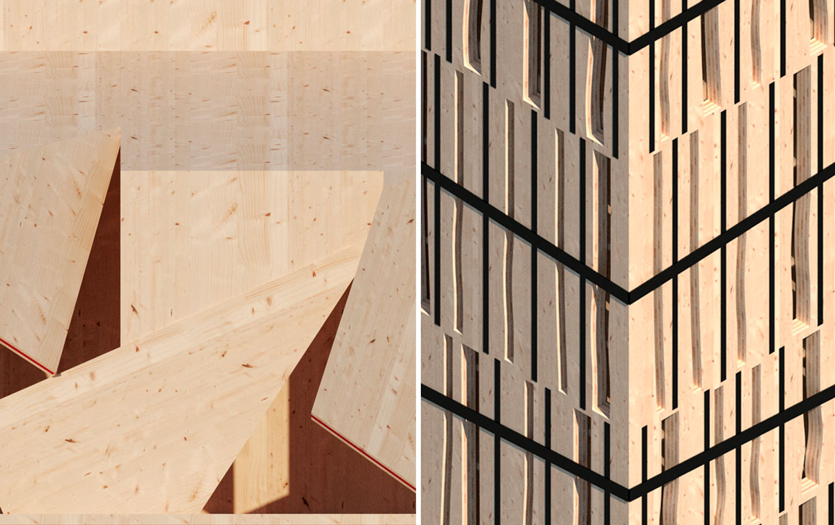Image of Fragments of the facades of the house and the tower made out of CLT.