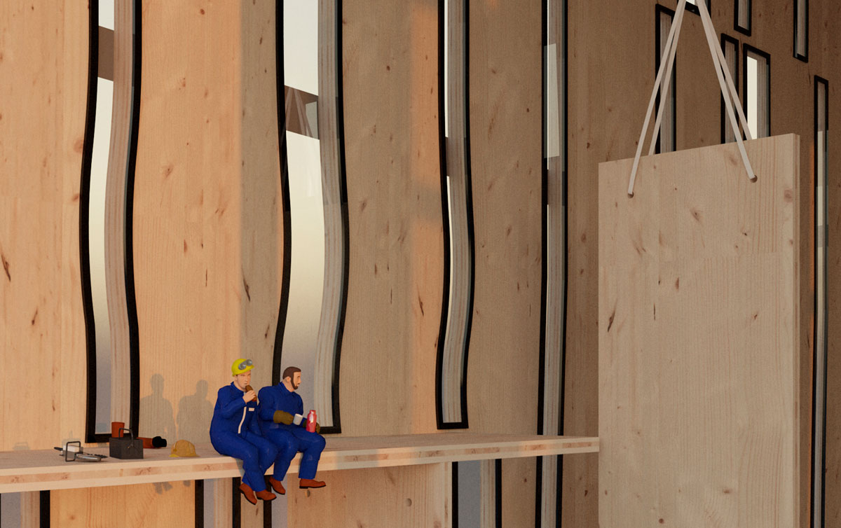 Interior image of the tower under construction with one CLT panel hanging to be installed and two workers seating on already installed CLT panel.