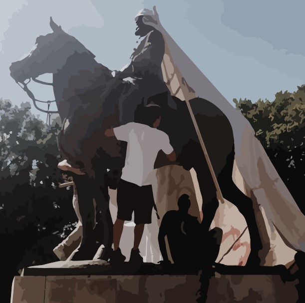 Following white supremacist violence in Charlottesville, VA, #TakeEmDown901 activists in Memphis rally for the removal of the Forrest statue (photo adapted from Andrea Morales).