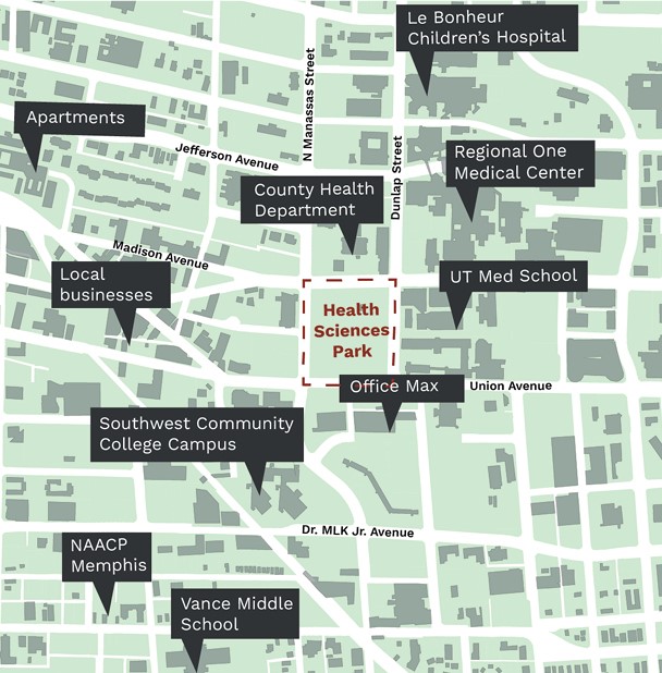 Submission 4: Filename: Haltom_ThesisAward_4 A map of the Memphis Medical District shows the nearby hospitals and medical school. Health care workers, patients and students move through the park every day.