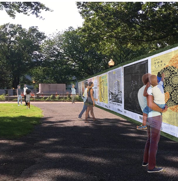Park visitor review and add ideas to an interactive installation by the vacant Forrest monument. (Collage by Margaret Haltom, images on the wall of the installation by Colloqate’s Paper Monuments precedent).