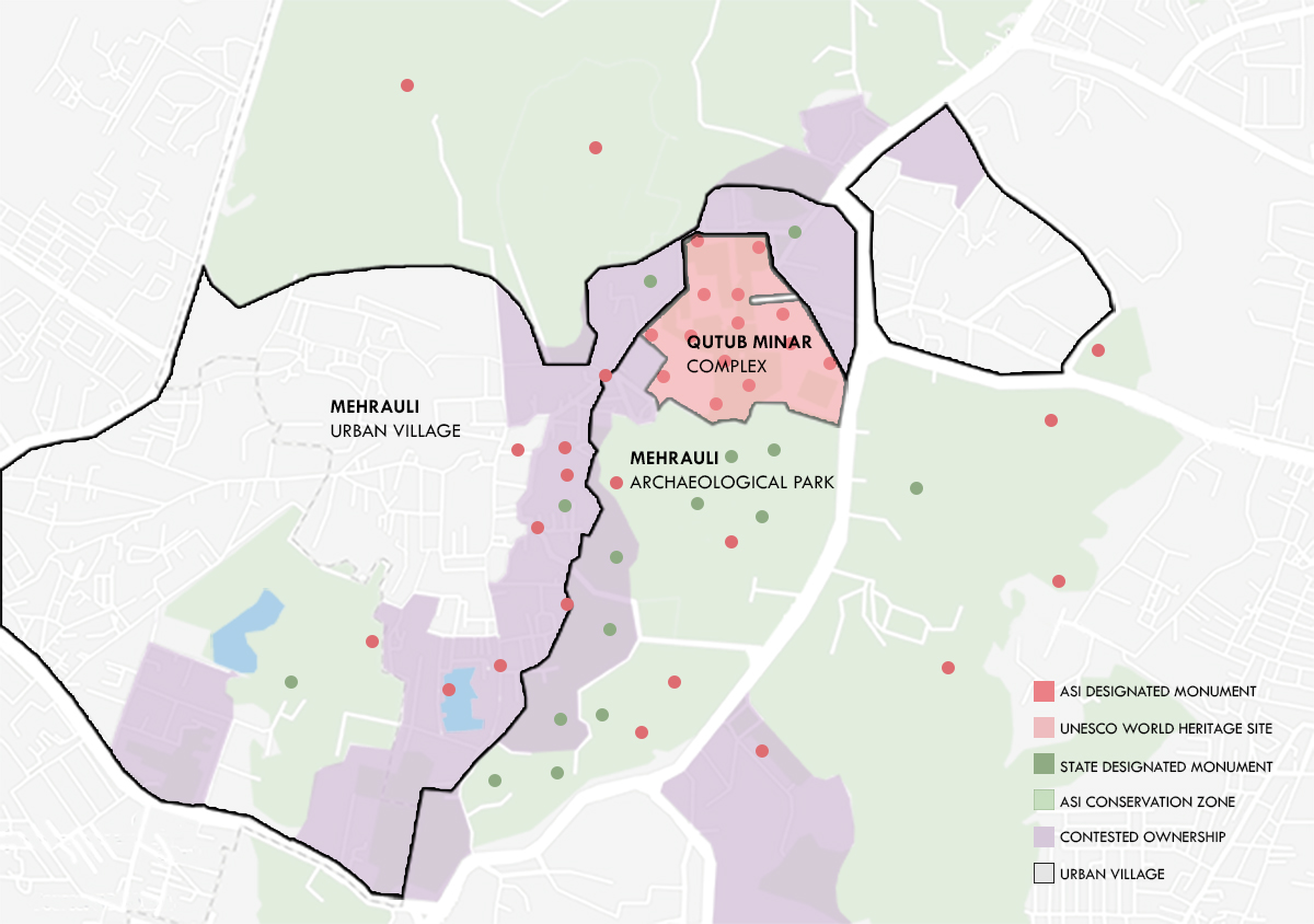 Map of Mehrauli depicting historic designated monuments and conservation zon