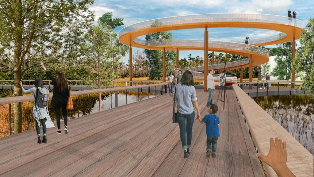 rendering showing parents with children walking on a bridge towards a pedestrian ramp