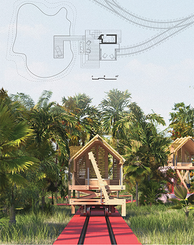 rending of building in tropical setting with plan drawn above