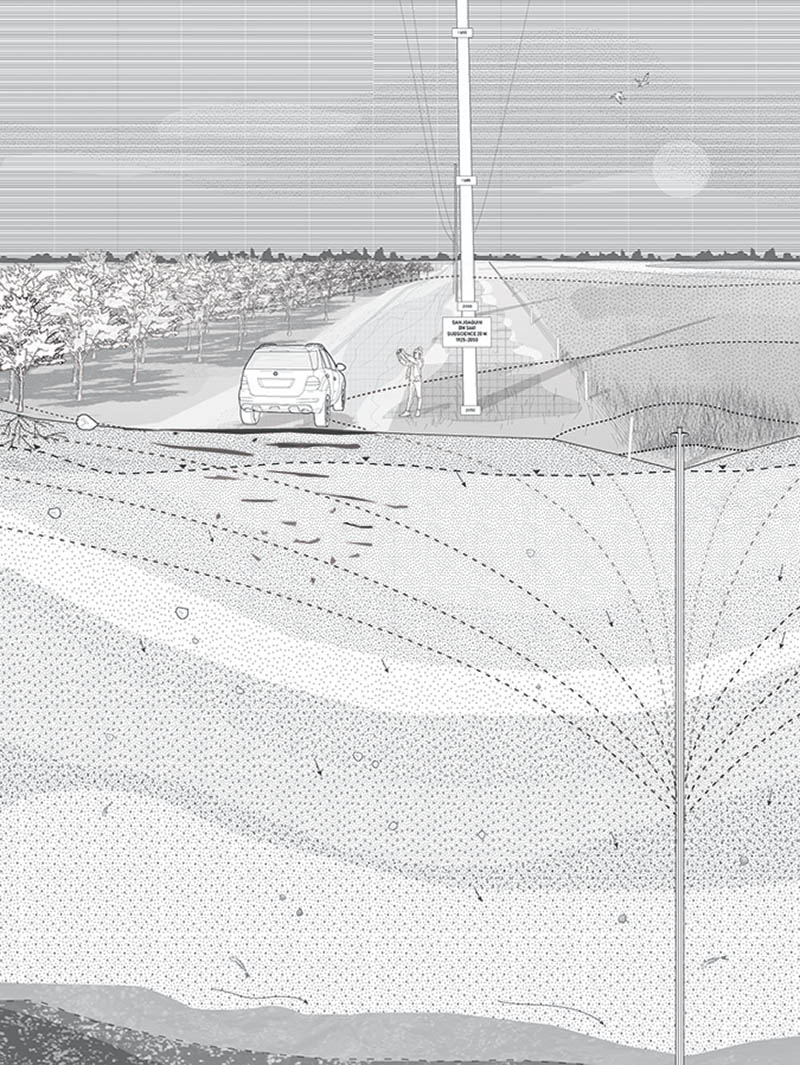 Benchmark of maximum subsidence in the near-future San Joaquin Valley, year 2050.