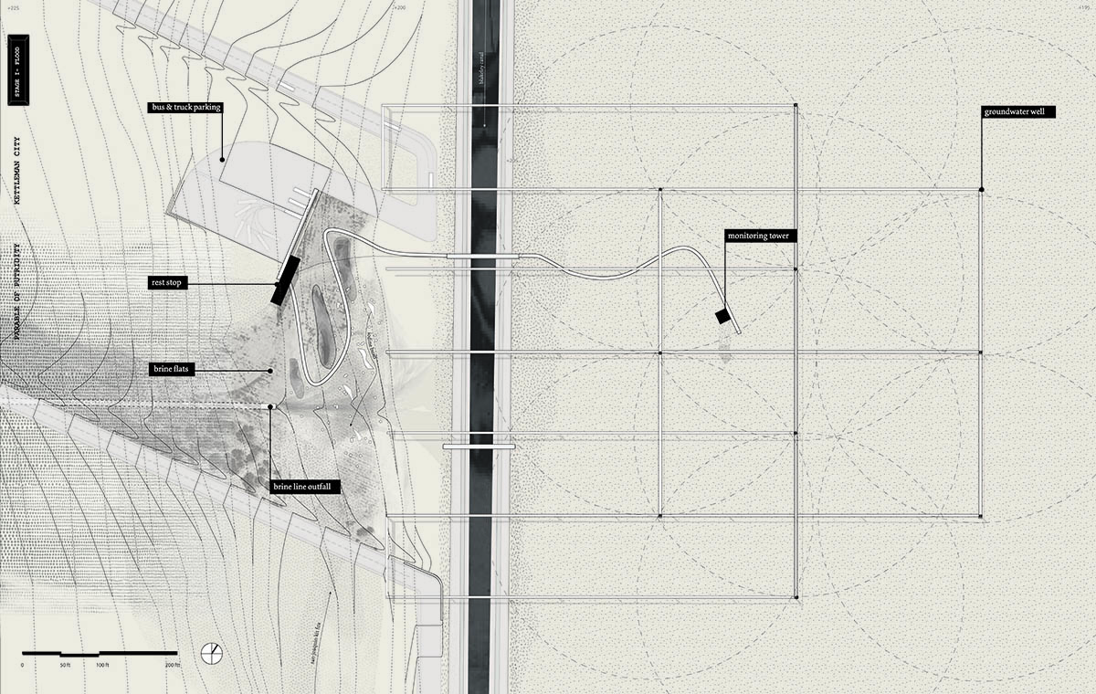 This site is an extension of the Kettleman City rest stop, a place where truckers can break on their trip through the valley but also a place of exploration and field work. Here a resting place is situated near the top of the site to look out over the canal to a site of extraction, which is marked by a monitoring tower. At the south of the site the brine line is daylit to introduce salt and water, which is gradually remediated as it flows through a constructed wetland back to the subsiding side.