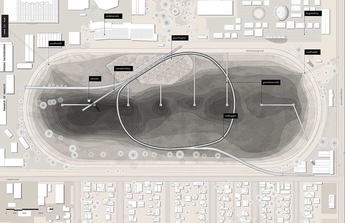 At the Fresno site, the decommissioned racetrack neighboring the fairgrounds serves as a testing place, but here the management of groundwater is made part of the midway—a spectacle of technoengineering where extraction and grading practices meet and blur. Shown here is the end stage of the site with a newly created topography.